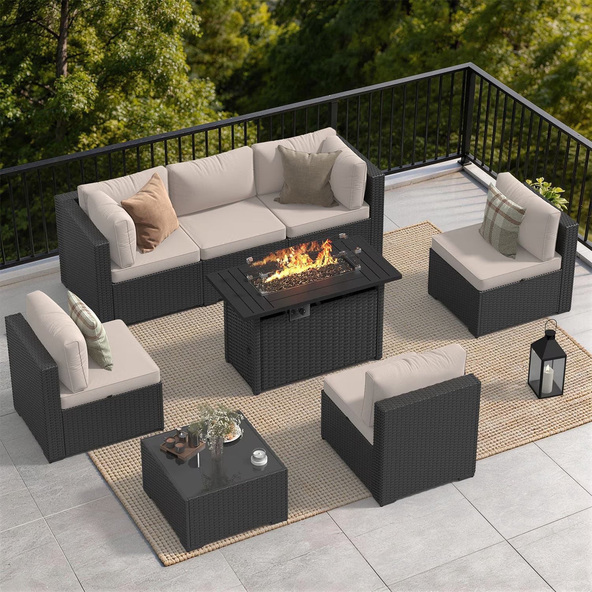 Dateyes 8-Piece Patio Furniture Set with Fire Pit, All-Weather Wicker Rattan Outdoor Sectional Sofa Set with Coffee Table (Beige)