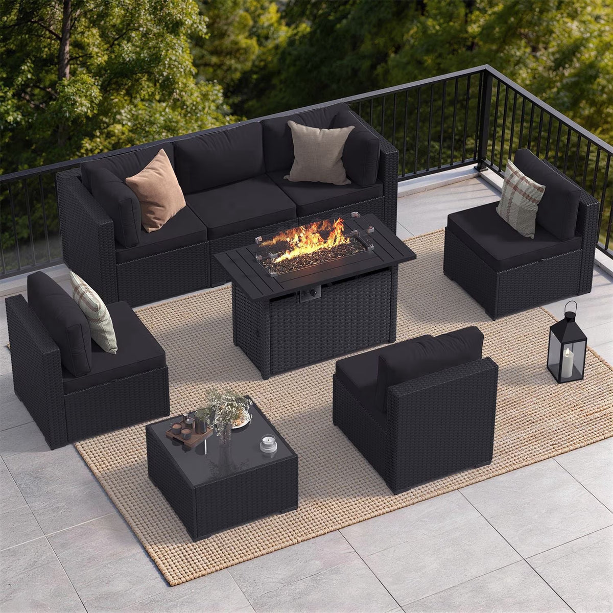 Dateyes 8-Piece Patio Furniture Set with Fire Pit, All-Weather Wicker Rattan Outdoor Sectional Sofa Set with Coffee Table (Black)