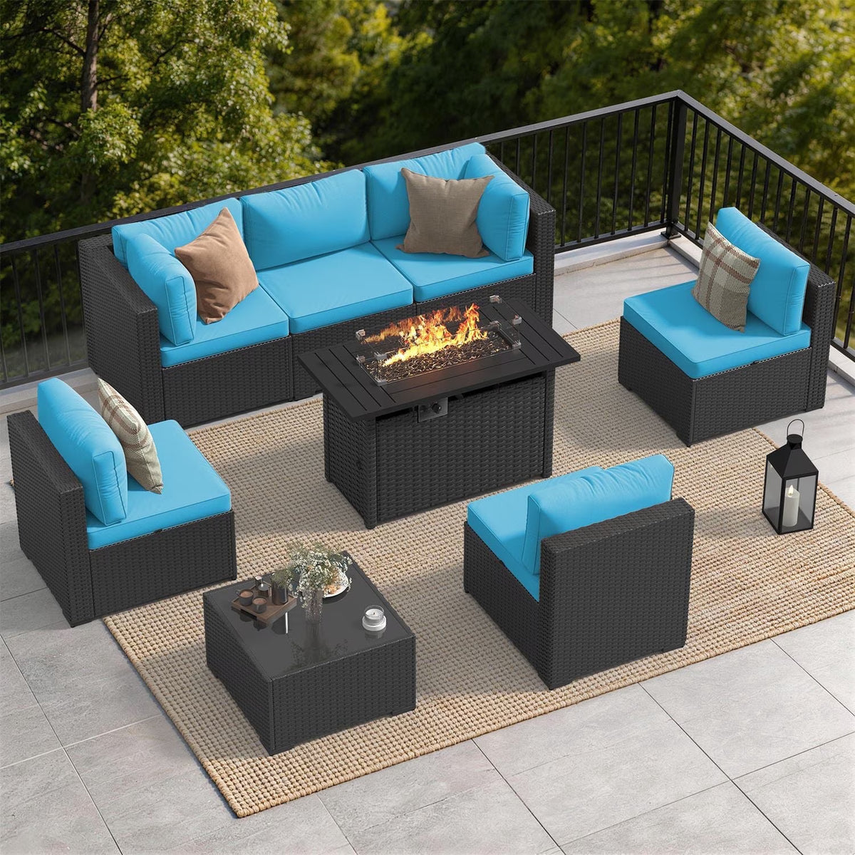 Dateyes 8-Piece Patio Furniture Set with Fire Pit, All-Weather Wicker Rattan Outdoor Sectional Sofa Set with Coffee Table (Blue)