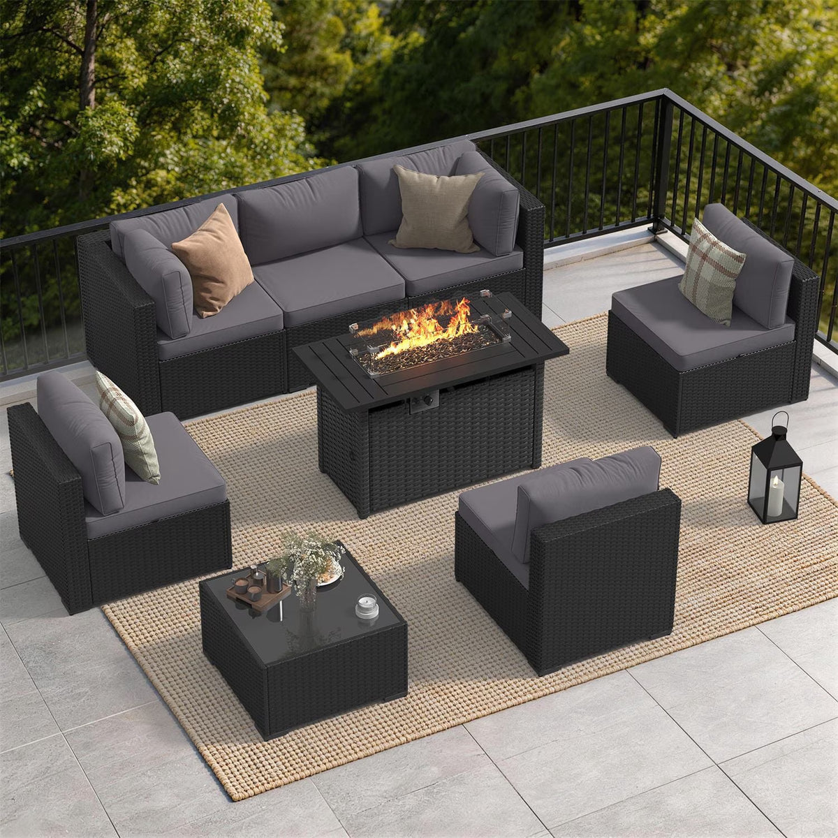 Dateyes 8-Piece Patio Furniture Set with Fire Pit, All-Weather Wicker Rattan Outdoor Sectional Sofa Set with Coffee Table (Dark Gray)