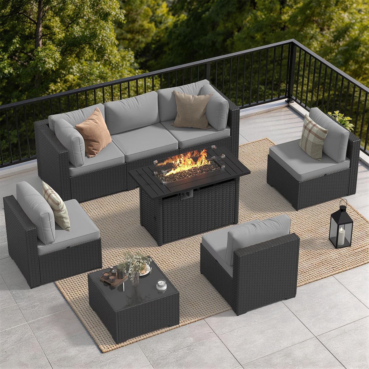 Dateyes 8-Piece Patio Furniture Set with Fire Pit, All-Weather Wicker Rattan Outdoor Sectional Sofa Set with Coffee Table (Light Gray)