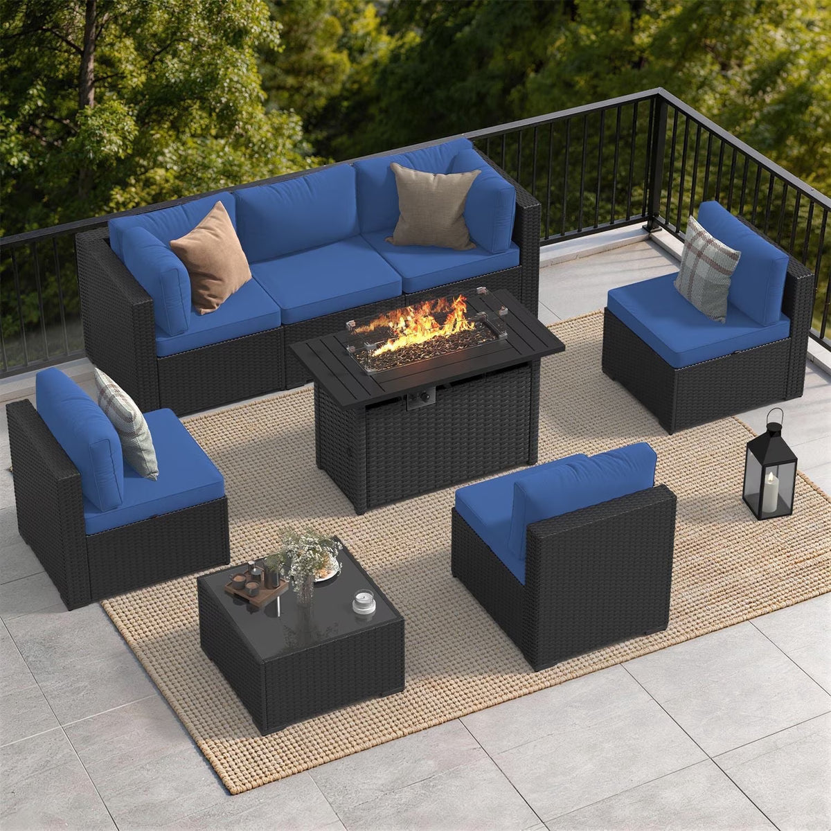 Dateyes 8-Piece Patio Furniture Set with Fire Pit, All-Weather Wicker Rattan Outdoor Sectional Sofa Set with Coffee Table (Navy Blue)