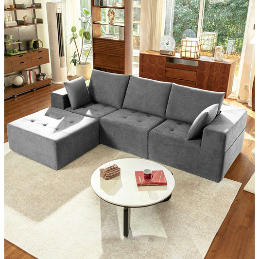 LazySunsets Modular Sectional Boneless Couch, Chenille Tufted Sectional Couches for Living Room, No Assembly L Shape Cloud Sofa with Throw Pillows & Storage Side Pocket (Gray)