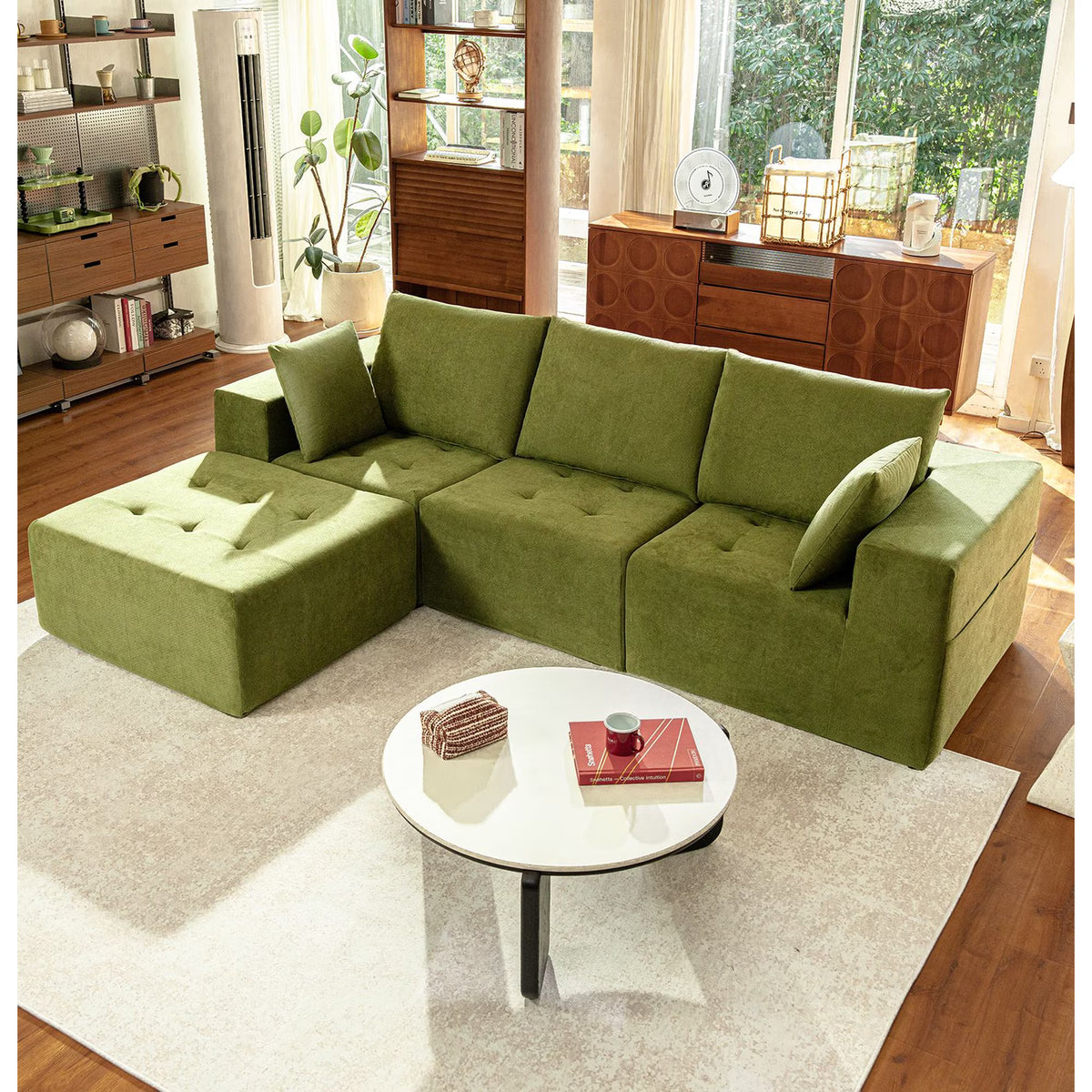 LazySunsets Modular Sectional Boneless Couch, Chenille Tufted Sectional Couches for Living Room, No Assembly L Shape Cloud Sofa with Throw Pillows & Storage Side Pocket (Green)