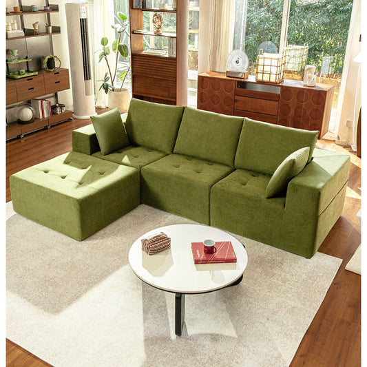 LazySunsets Modular Sectional Boneless Couch, Chenille Tufted Sectional Couches for Living Room, No Assembly L Shape Cloud Sofa with Throw Pillows & Storage Side Pocket (Green)