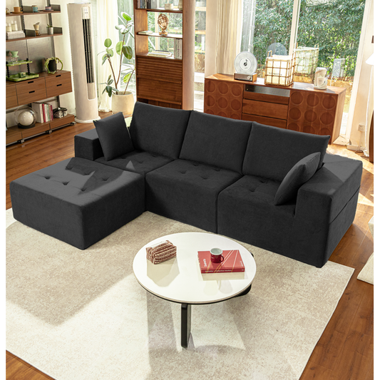 LazySunsets Modular Sectional Boneless Couch, Chenille Tufted Sectional Couches for Living Room, No Assembly L Shape Cloud Sofa with Throw Pillows & Storage Side Pocket (Black)