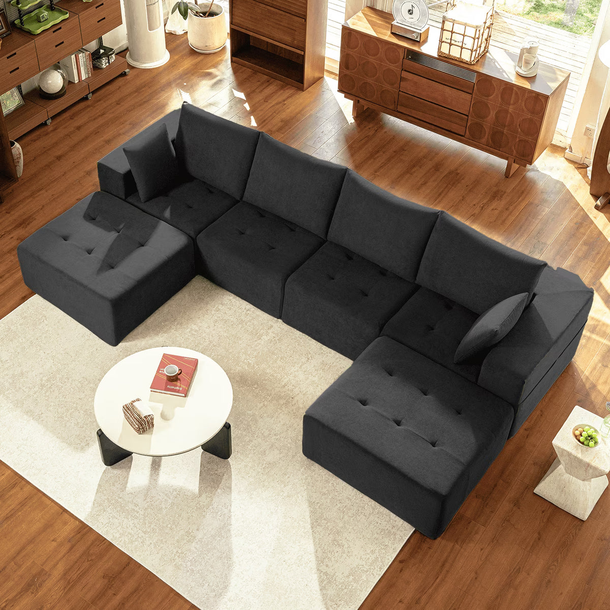 LazySunsets Modular Sectional Boneless Couch, Chenille Tufted Sectional Couches for Living Room, No Assembly U Shape Cloud Sofa with Throw Pillows & Storage Side Pocket (Black)