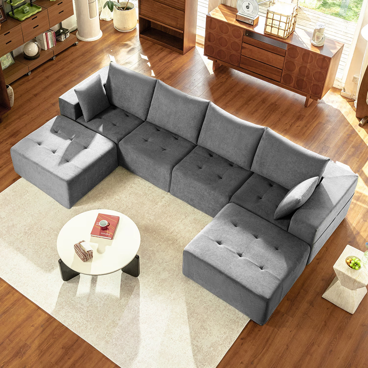 LazySunsets Modular Sectional Boneless Couch, Chenille Tufted Sectional Couches for Living Room, No Assembly U Shape Cloud Sofa with Throw Pillows & Storage Side Pocket (Gray)
