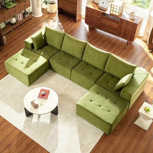 LazySunsets Modular Sectional Boneless Couch, Chenille Tufted Sectional Couches for Living Room, No Assembly U Shape Cloud Sofa with Throw Pillows & Storage Side Pocket (Green)