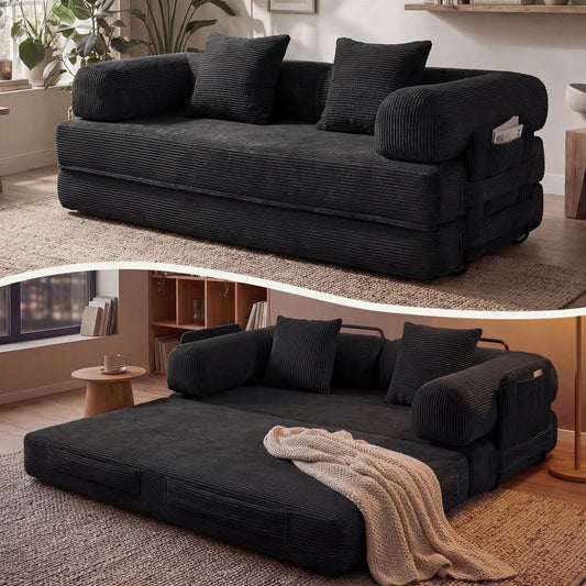 LazySunsets Sofa Bed Convertible Boneless Couch Corduroy Modular Couch Bed with Fixed-Shape Frame & Removable Armrests for Living Room, Bedroom Black