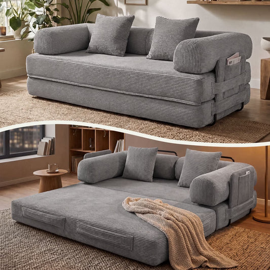 LazySunsets Sofa Bed Convertible Boneless Couch Corduroy Modular Couch Bed with Fixed-Shape Frame & Removable Armrests for Living Room, Bedroom Gray