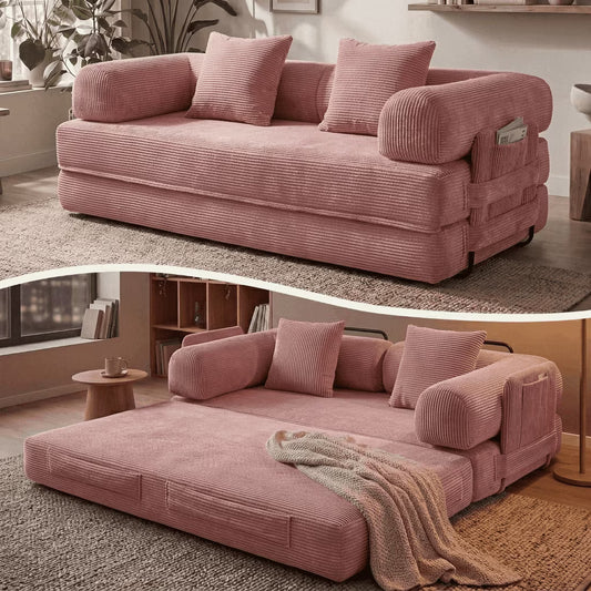 LazySunsets Sofa Bed Convertible Boneless Couch Corduroy Modular Couch Bed with Fixed-Shape Frame & Removable Armrests for Living Room, Bedroom Pink