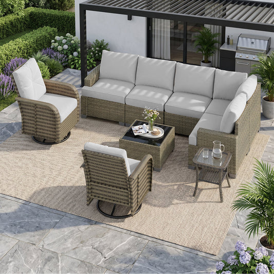 Clouddwell 13 Piece Outdoor Sectional Set with Swivel Rocker Chairs of 2, Patio Conversation Sets with Fire Pit Table, Light Gray