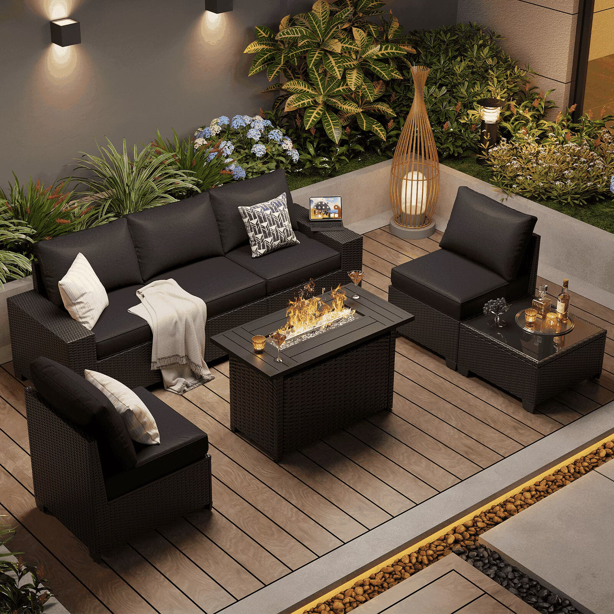 LazySunsets 7 Pieces Outdoor Wicker Patio Furniture Set with Fire Pit Table, Black Cushion Rattan Sectional Conversation Sofa, All Weather Backyard Garden Patio Set