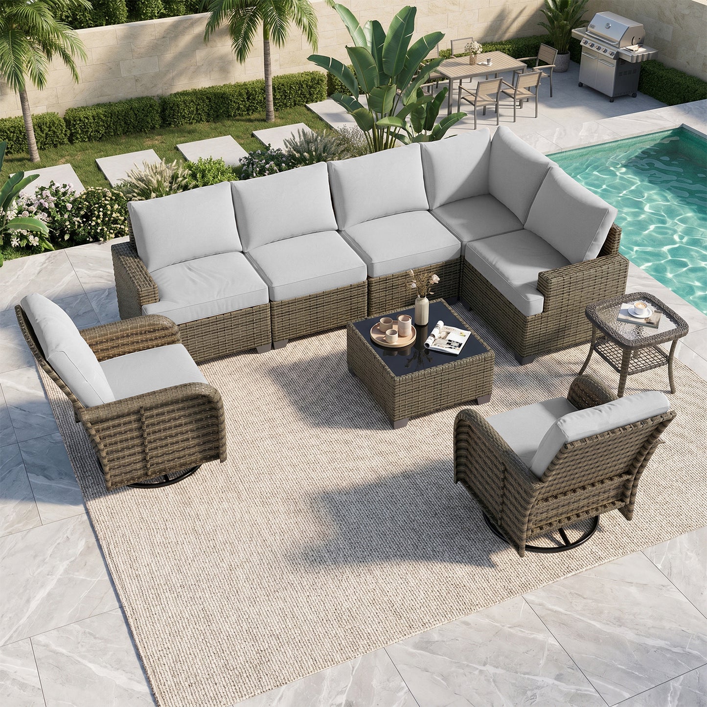 Clouddwell 13 Piece Outdoor Sectional Set with Swivel Rocker Chairs of 2, Patio Conversation Sets with Fire Pit Table, Light Gray