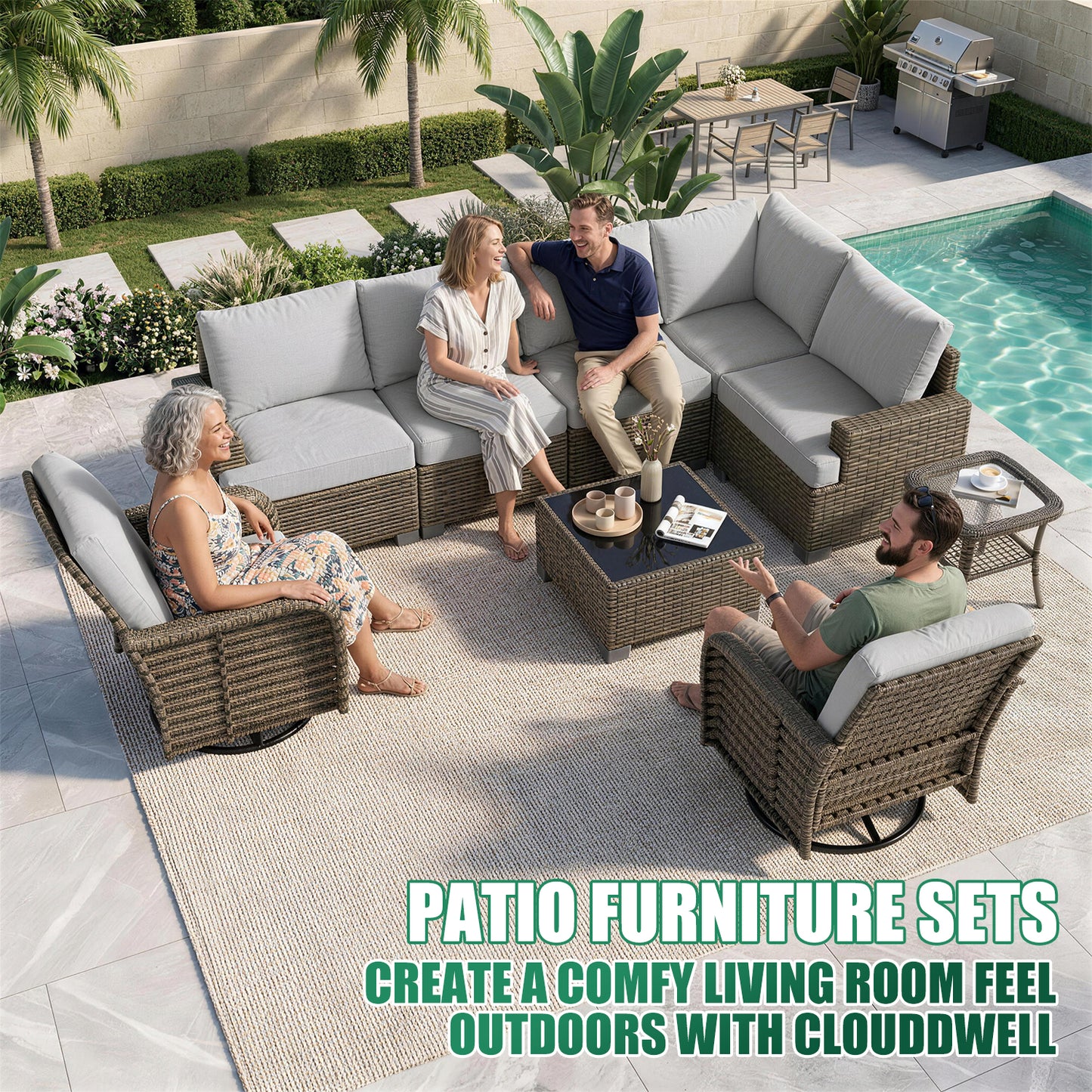 Clouddwell 13 Piece Outdoor Sectional Set with Swivel Rocker Chairs of 2, Patio Conversation Sets with Fire Pit Table, Light Gray