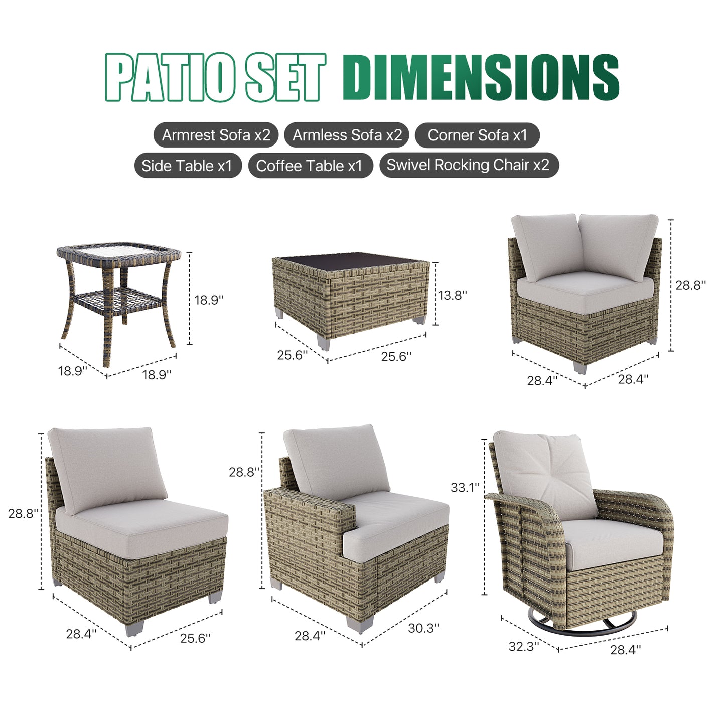 Clouddwell 13 Piece Outdoor Sectional Set with Swivel Rocker Chairs of 2, Patio Conversation Sets with Fire Pit Table, Light Gray