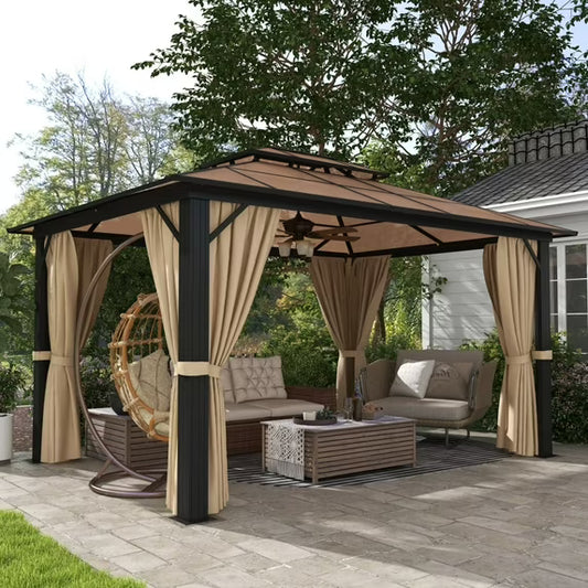 Clouddwell 10x13 ft Patio Hardtop Gazebo, Aluminum Furniture Gazebo with Netting and Curtains for Garden, Brown