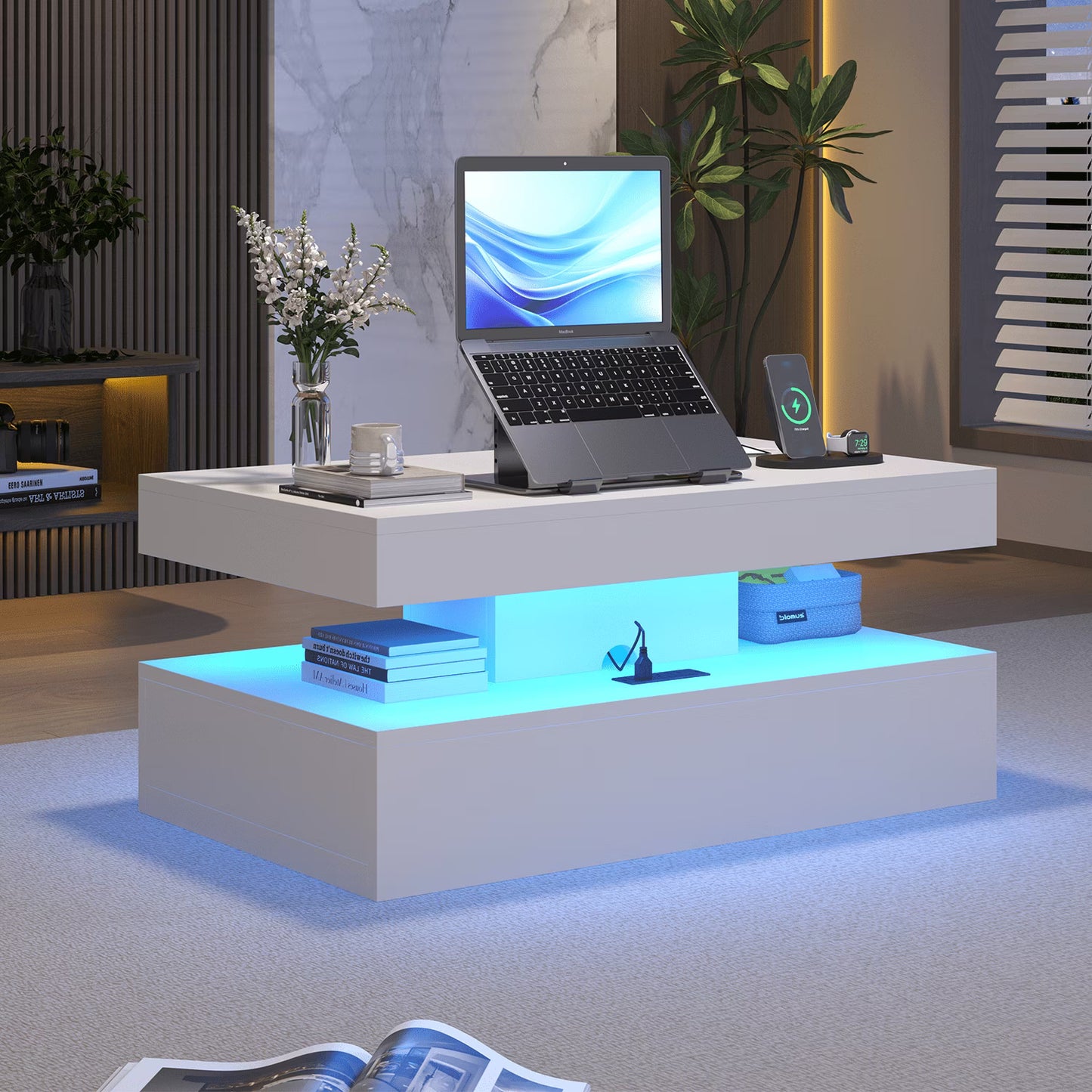 Sonegra 39" High-Glossy LED Coffee Table, Storage Coffee Table with 2 Sliding Drawers for Living Room, Modern Stylish Double-Layer Center Tables with LED Lights, White