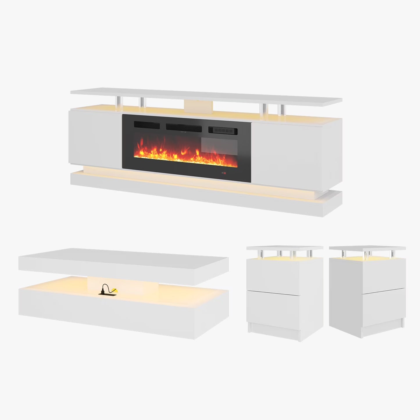 Sonegra 4-Piece Living Room Table Set Includes High Gloss 70'' Modern Fireplace TV Stand, Modern Coffee Table and 2 End Tables for Living Room, Bedroom, White