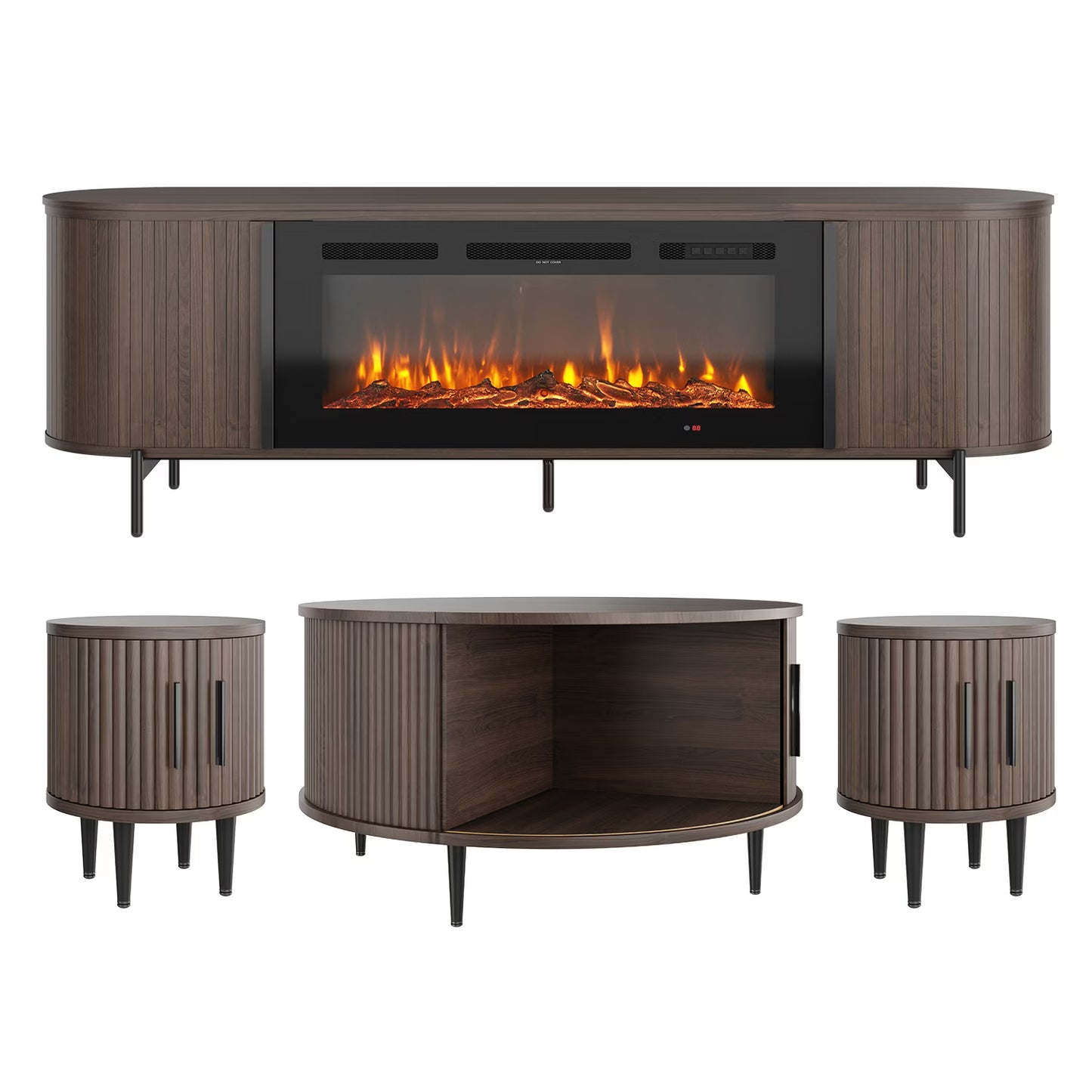 Sonegra 4-Piece Living Room Table Set Includes Mid-Century Coffee Table, Spacious 70" Fireplace TV Stand and 2 Endtables, Classic Coffee Table for Living Room, Bedroom, Brown