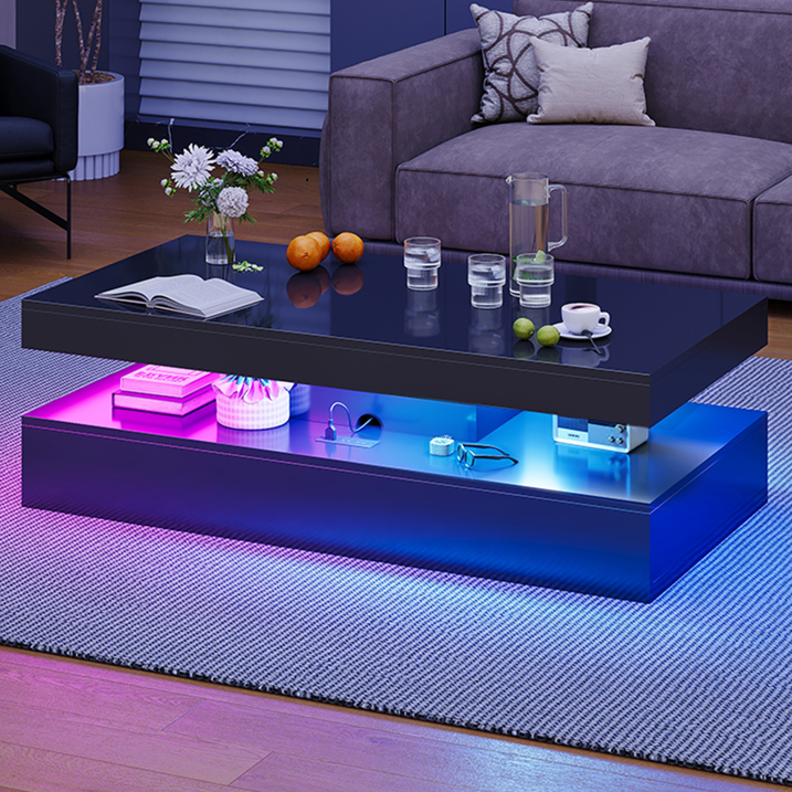 Sonegra 47" High-Glossy LED Coffee Table, Storage Coffee Table with 2 Sliding Drawers for Living Room, Modern Stylish Double-Layer Center Tables with LED Lights, Black