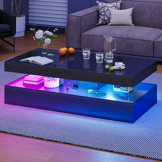 Sonegra 47" High-Glossy LED Coffee Table, Storage Coffee Table with 2 Sliding Drawers for Living Room, Modern Stylish Double-Layer Center Tables with LED Lights, Black