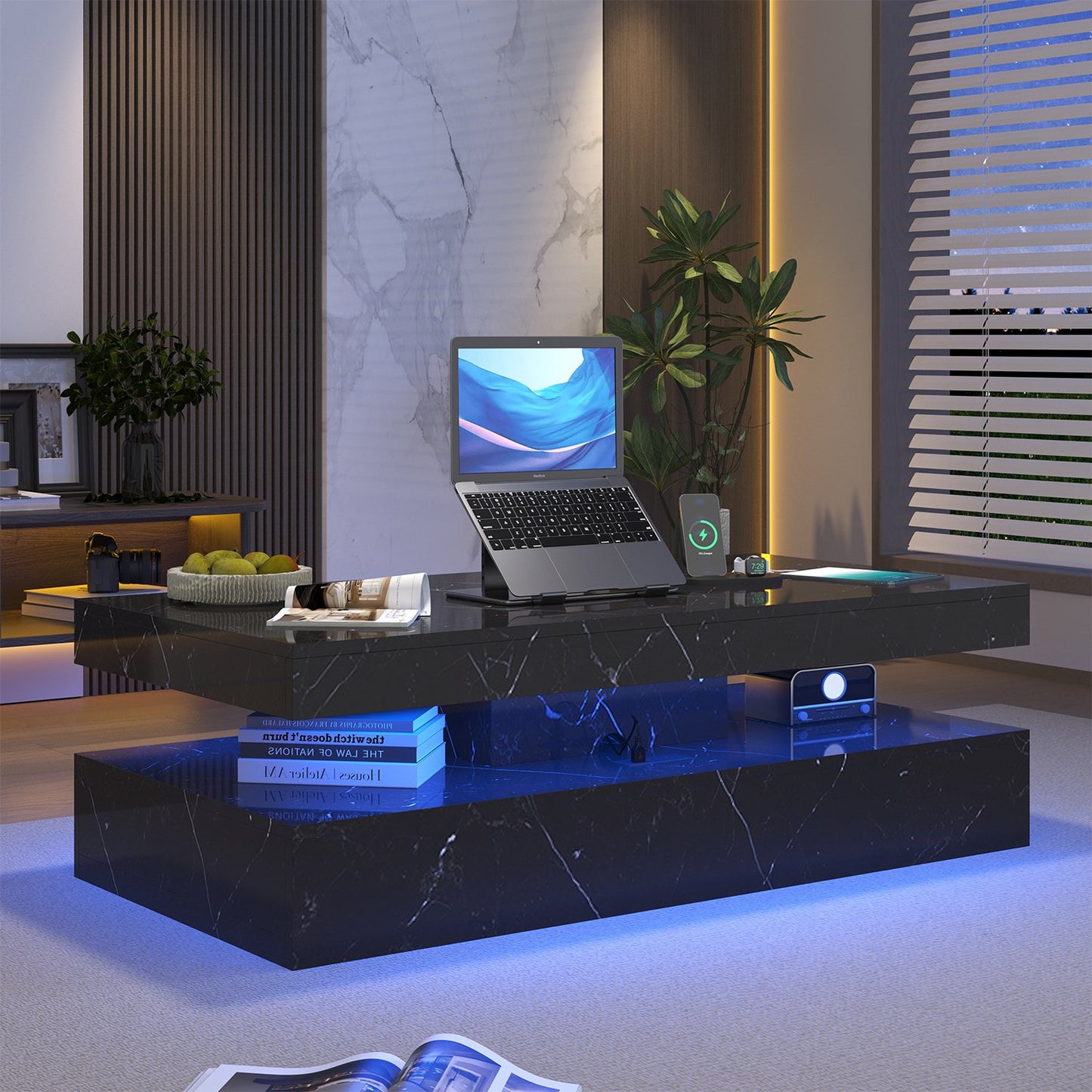 Sonegra 47" High-Glossy LED Coffee Table, Storage Coffee Table with 2 Sliding Drawers for Living Room, Modern Stylish Double-Layer Center Tables with LED Lights, Marble Black