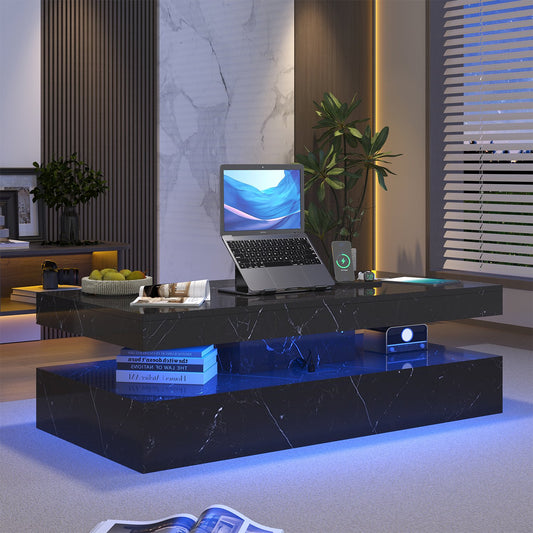 Sonegra 47" High-Glossy LED Coffee Table, Storage Coffee Table with 2 Sliding Drawers for Living Room, Modern Stylish Double-Layer Center Tables with LED Lights, Marble Black