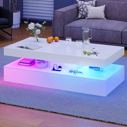 Sonegra 47" High-Glossy LED Coffee Table, Storage Coffee Table with 2 Sliding Drawers for Living Room, Modern Stylish Double-Layer Center Tables with LED Lights, White
