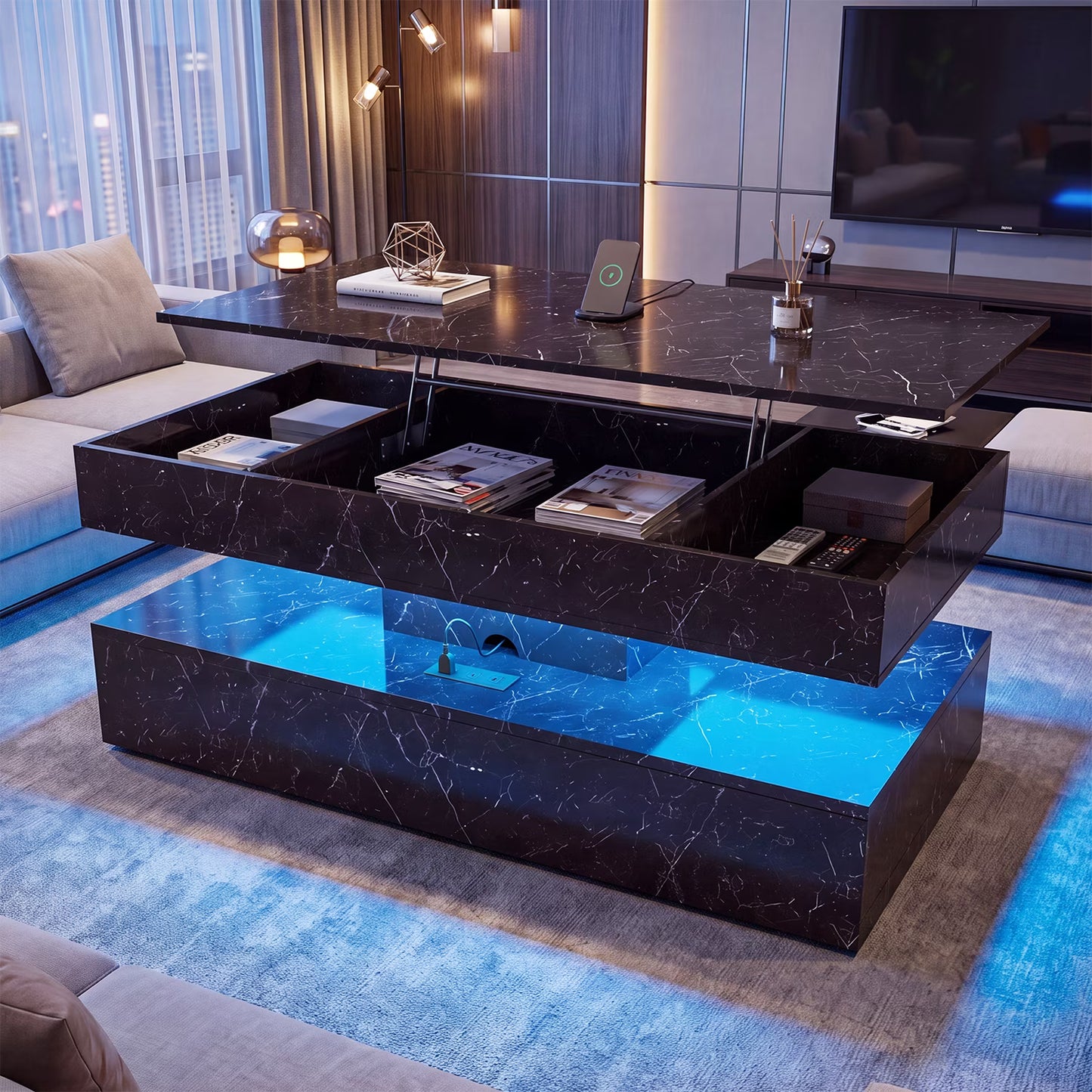 Sonegra 47" High-Glossy LED Lift Top Coffee Table with 2 Sliding Drawers, Large Open Storage Space & Ambient LED Lighting, Modern Double-Layer Livingroom Table, Marble Black