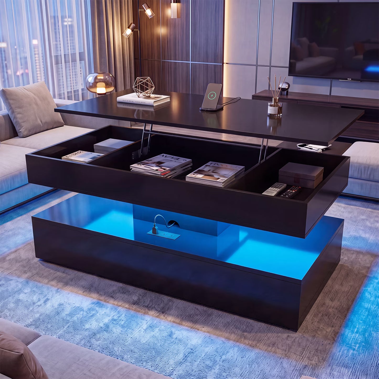 Sonegra 47" High-Glossy LED Lift Top Coffee Table with 2 Sliding Drawers, Large Open Storage Space & Ambient LED Lighting, Modern Double-Layer Livingroom Table, Black