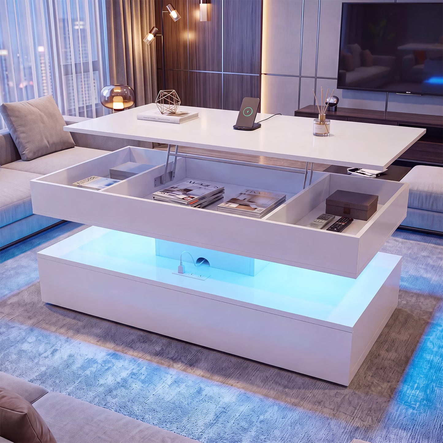 Sonegra 47" High-Glossy LED Lift Top Coffee Table with 2 Sliding Drawers, Large Open Storage Space & Ambient LED Lighting, Modern Double-Layer Livingroom Table, White