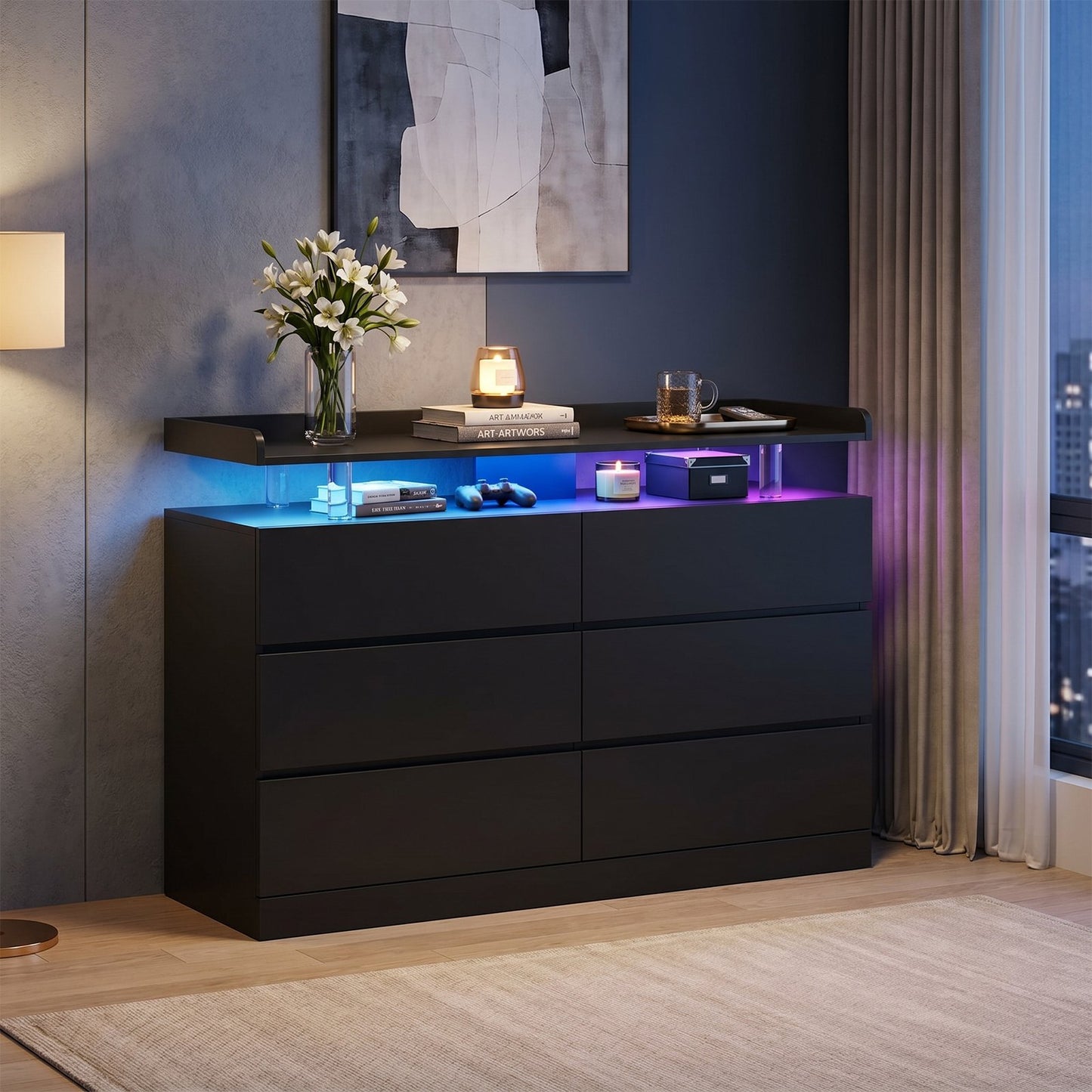 Sonegra 47 Inch 6‑Drawer Dresser, Modern High Gloss Chest of Drawers with LED Light & Glass Tabletop, Large Storage Cabinet for Bedroom Living Room, Black