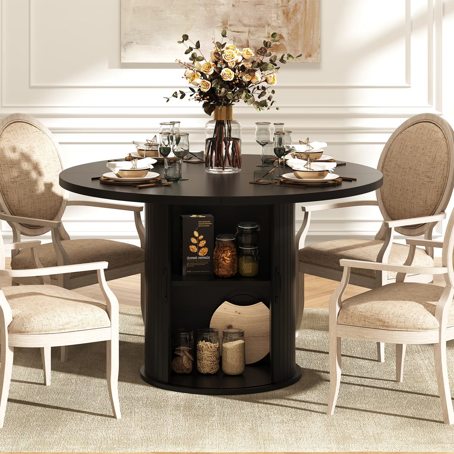 Sonegra 47“ Round Dining Table with Storage, Modern Fluted Circle Kitchen Table with 2-Layer Storage and Sliding Door, for Kitchen Living Room, Black
