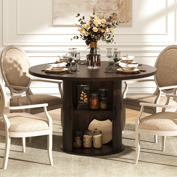 Sonegra 47-inch Round Dining Table with Storage, Modern Fluted Circle Kitchen Table with 2-Layer Storage and Sliding Door, for Kitchen Living Room, Brown