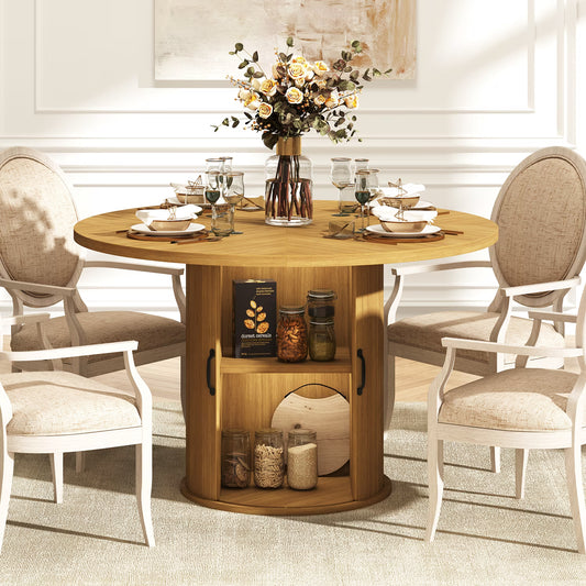 Sonegra 47-inch Round Dining Table with Storage, Modern Fluted Circle Kitchen Table with 2-Layer Storage and Sliding Door, for Kitchen Living Room, Burlywood