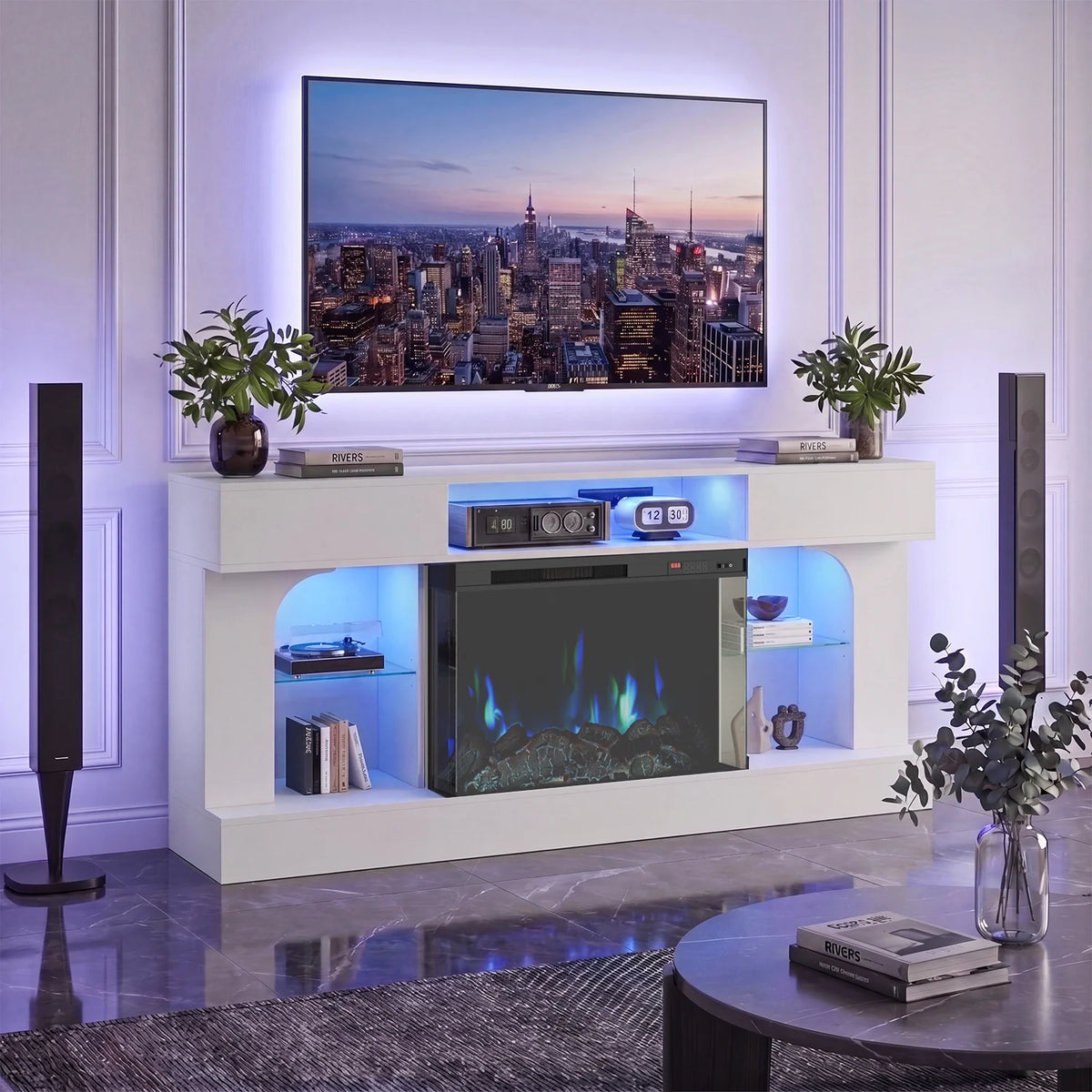 Sonegra 58 Inch Fireplace TV Stand, 3‑Sided Glass Electric Fireplace Media Console Fits Up to 65" TV, Entertainment Center with Shelves & Spacious Storage, LED Flame TV Cabinet for Living Room, White
