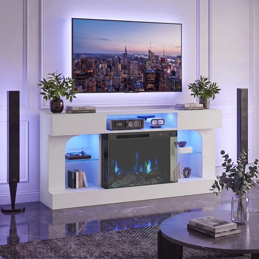 Sonegra 58 Inch Fireplace TV Stand, 3‑Sided Glass Electric Fireplace Media Console Fits Up to 65" TV, Entertainment Center with Shelves & Spacious Storage, LED Flame TV Cabinet for Living Room, White