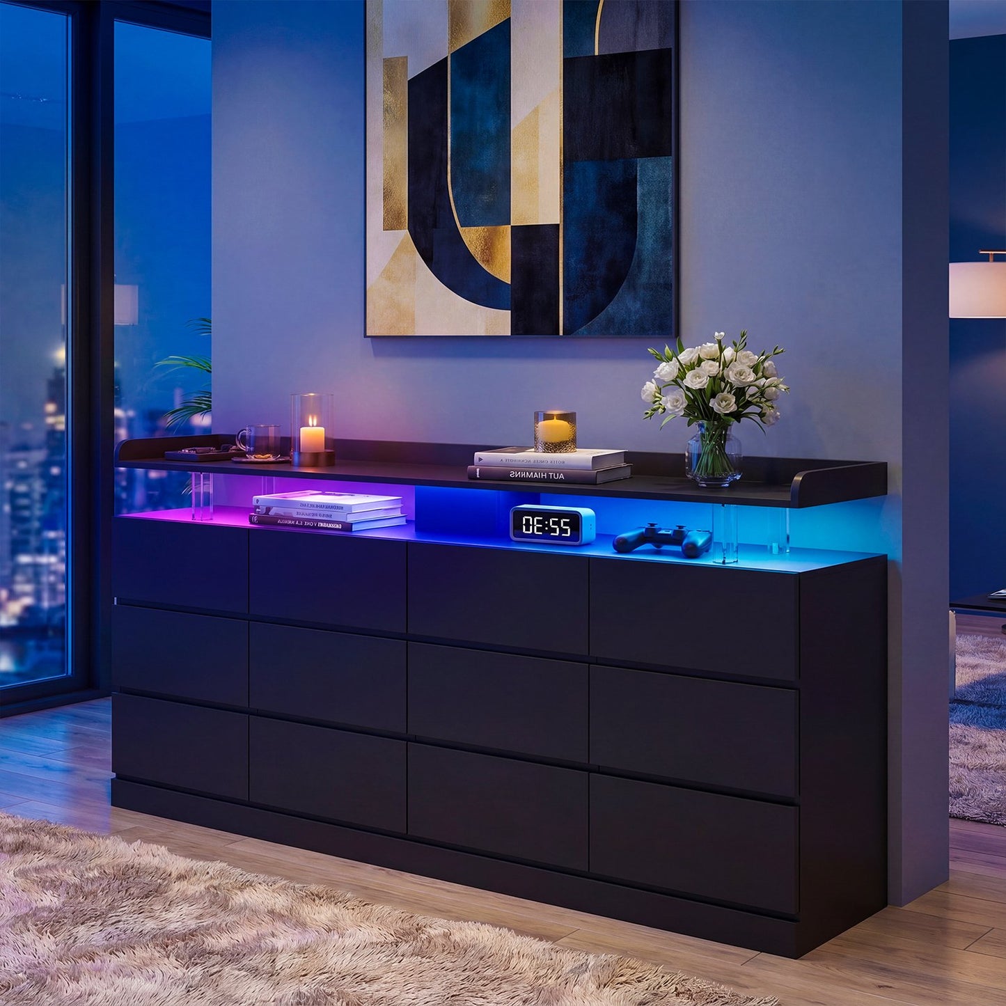 Sonegra 63 Inch 12‑Drawer Dresser, Modern High Gloss Chest of Drawers with LED Light & Glass Tabletop, Large Storage Cabinet for Bedroom Living Room, Black