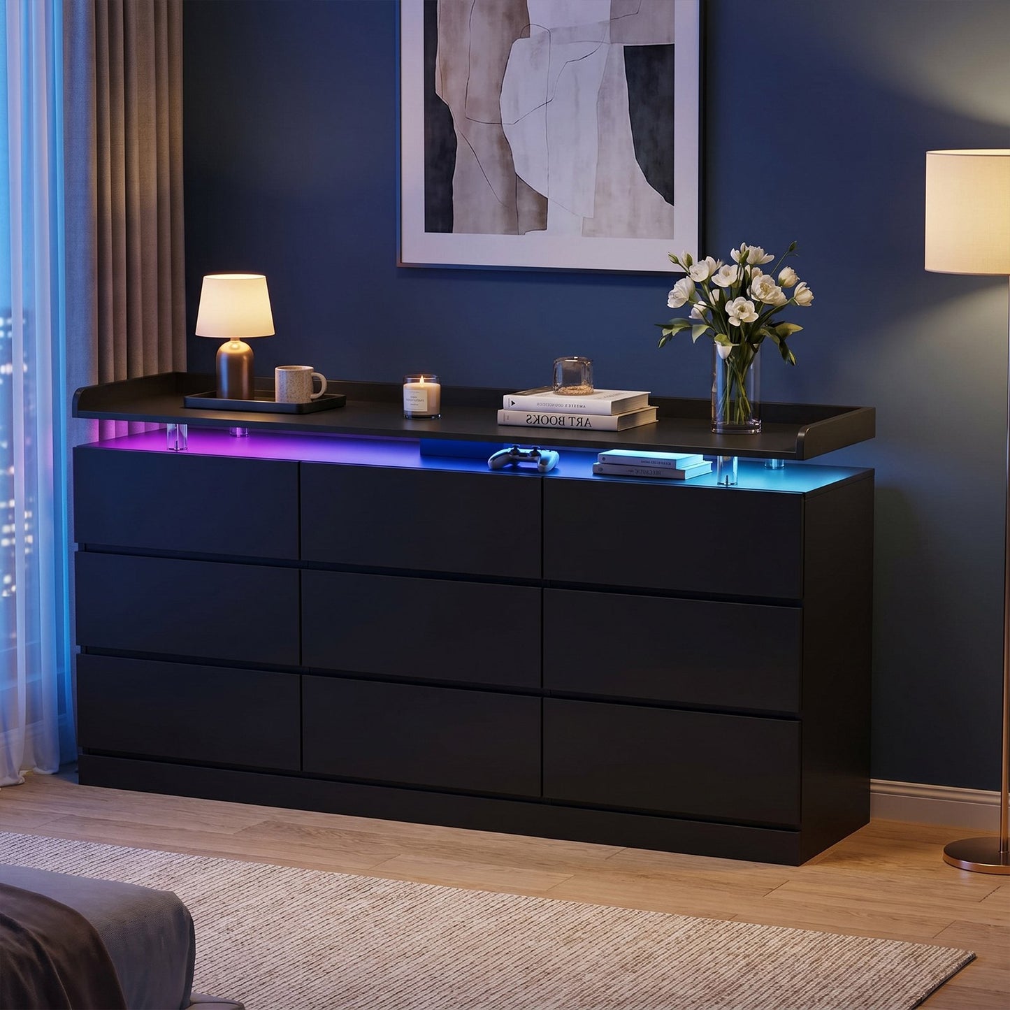 Sonegra 63 Inch 9‑Drawer Dresser, Modern High Gloss Chest of Drawers with LED Light & Glass Tabletop, Large Storage Cabinet for Bedroom Living Room, Black
