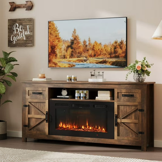 Sonegra 70" Fireplace TV Stand, Entertainment Center for TVs Up to 80”, TV Console with Storage Cabinets, Media Console for Living Room, Brown TV Stand and Black Fireplace