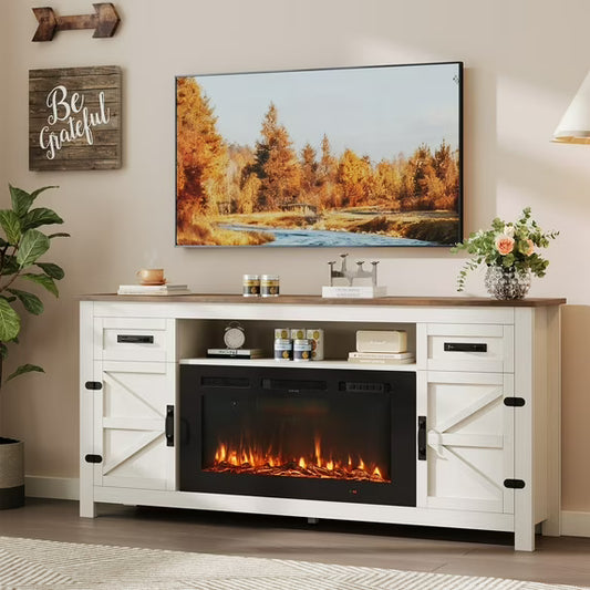 Sonegra 70" Fireplace TV Stand, Entertainment Center for TVs Up to 80”, TV Console with Storage Cabinets, Media Console for Living Room, White TV Stand and Black Fireplace