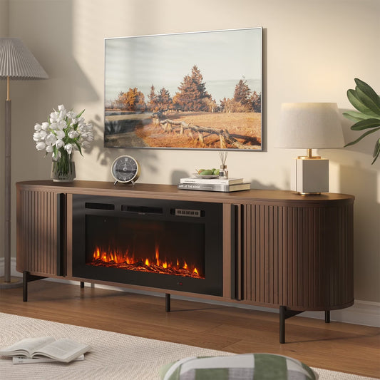 Sonegra 70" Fireplace TV Stand, Modern Entertainment Center for TVs Up to 80", TV Console Table for Living Room, Media Cabinet with Storage,70 Inch, Brown