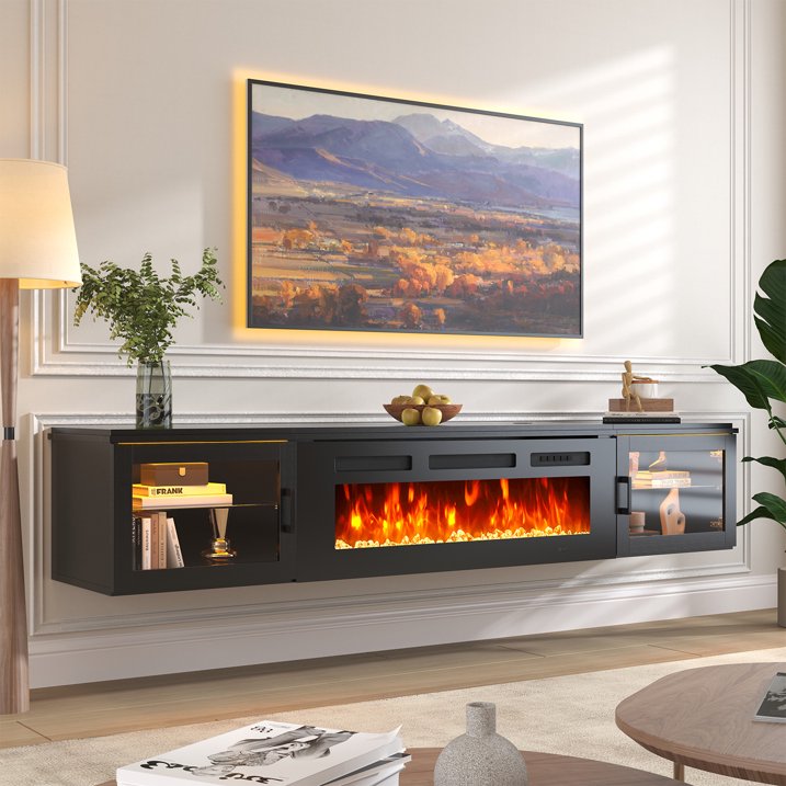 Sonegra 70" Floating TV Stand with 36" Electric Fireplace, High Gloss Finish Wall Mounted Fireplace Entertainment Center with Storage for TVs Up to 80", Black