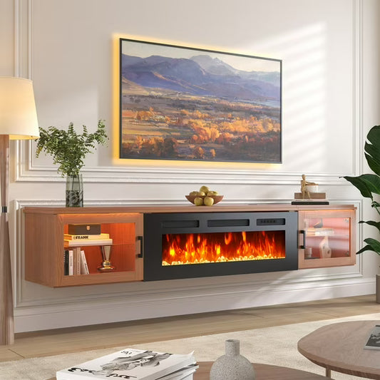Sonegra 70" Floating TV Stand with 36" Electric Fireplace, High Gloss Finish Wall Mounted Fireplace Entertainment Center with Storage for TVs Up to 80", Brown
