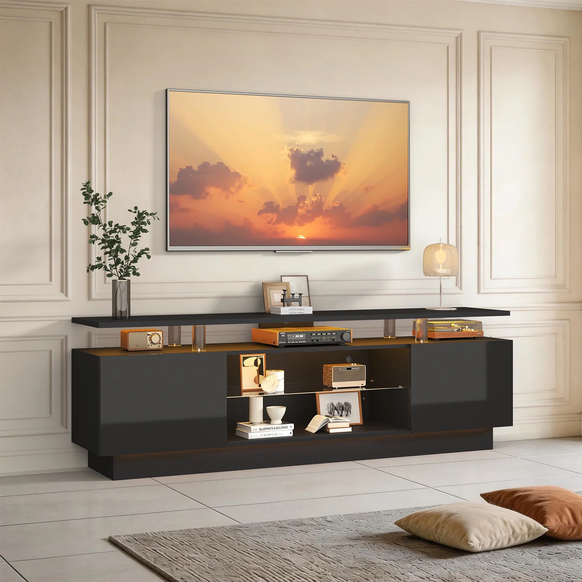 Sonegra 70" High-Gloss TV Stand with 2 Side Cabinets, Modern TV Console with LED Lights, Gaming Media Cabinet with Adjustable Glass Shelf, Remote & APP Control, Black