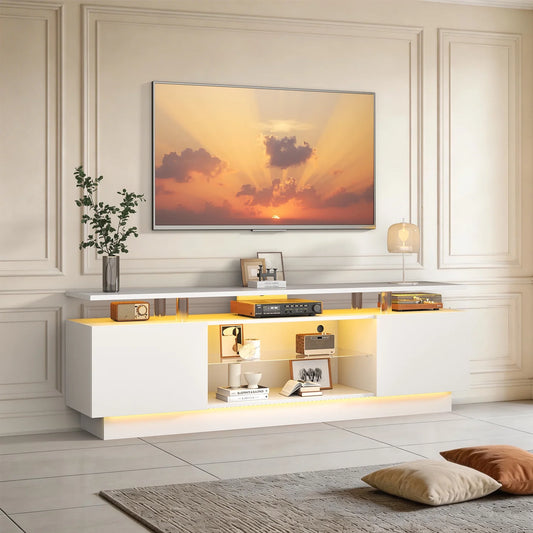 Sonegra 70" High-Gloss TV Stand with 2 Side Cabinets, Modern TV Console with LED Lights, Gaming Media Cabinet with Adjustable Glass Shelf, Remote & APP Control, Black