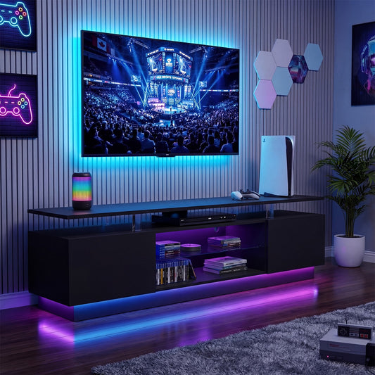 Sonegra 70” High-Glossy TV Stand with 2 Side Cabinets, Modern Stylish TV Console with 3 Layer LED Lights,Gaming TV Media Console with Adjustable Glass Shelf, Black