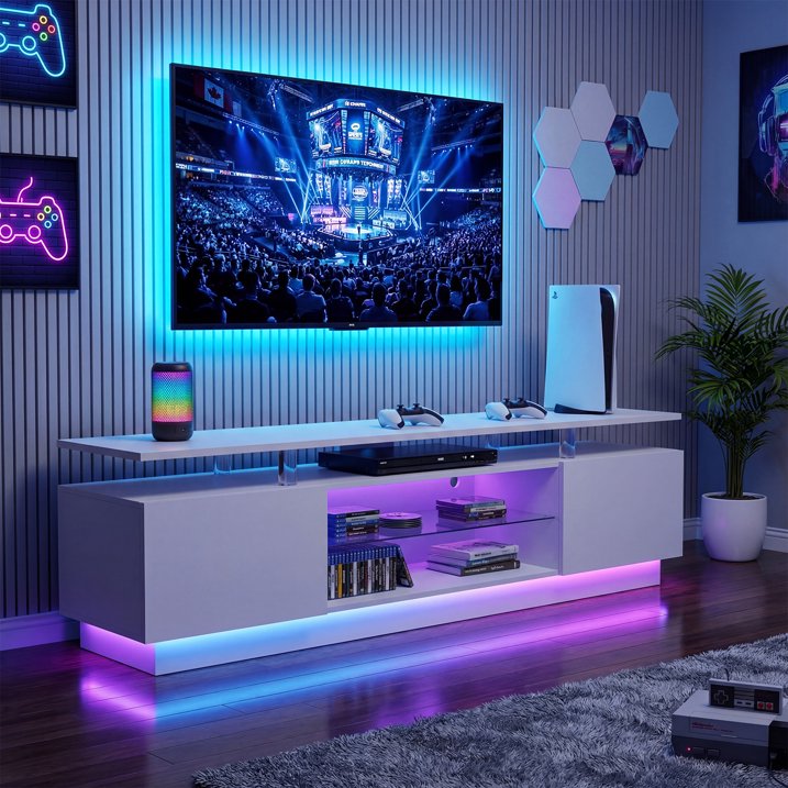 Sonegra 70” High-Glossy TV Stand with 2 Side Cabinets, Modern Stylish TV Console with 3 Layer LED Lights,Gaming TV Media Console with Adjustable Glass Shelf, White